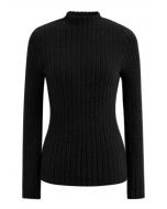 Mock Neck Fuzzy Rib Knit Top in Black