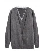 Lacy V-Neck Sleeveless Top and Cardigan Set in Grey