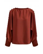 Buttoned Boat Neck Batwing Sleeves Satin Top in Rust