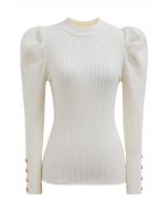 Modern Gigot Sleeves Rib Knit Top in Ivory