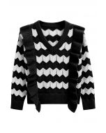 Ruffle Trim Wavy Stripe Knit Sweater in Black