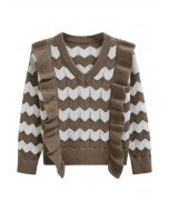 Ruffle Trim Wavy Stripe Knit Sweater in Brown