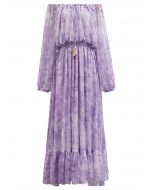 Vintage Baroque Off-Shoulder Chiffon Maxi Dress in Lilac