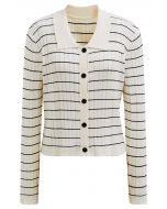 Turn-Down Collar Striped Knit Cardigan in Cream