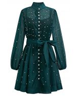 Rhinestone Decor Button Tie-Sash Organza Dress in Dark Green