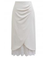 Lace Inserted Tulip Midi Skirt in White