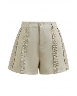 Leisurely Ruffled Trim Buttoned Shorts in Pea Green