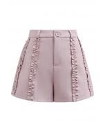 Leisurely Ruffled Trim Buttoned Shorts in Dusty Pink