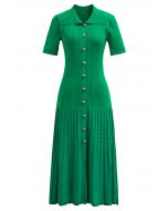 Collared Buttoned Short Sleeve Knit Midi Dress in Green