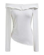 Flap Off-Shoulder Asymmetric Ruched Top in White