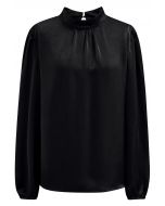 Tie Waist Bubble Sleeve Texture Top in Black