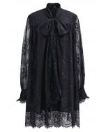 Self-Tie Bowknot Floral Lace Buttoned Dolly Dress in Black