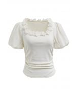 3D Flowers Neckline Bubble Sleeve Ruched Crop Top in White