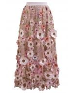 3D Floral Applique Mesh Tulle Maxi Skirt in Dusty Pink