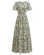 Ebullient Flower Printed Eyelet Embroidered Maxi Dress