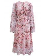 Cherry Blossom Printed Puff Sleeve Chiffon Midi Dress