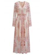 V-Neck Floral Embroidered Mesh Maxi Dress in Pink