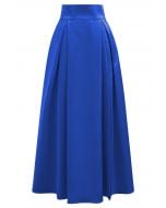 High-Slit Seamed Waist Pleated Satin Maxi Skirt in Indigo