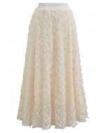 3D Rose Petal Mesh Midi Skirt in Cream