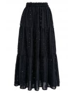 Shimmer Fringe Sequin Midi Skirt in Black