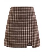 Notch Hem Plaid Tweed Mini Skirt in Brown