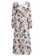 Red Floral Printed Sweetheart Neckline Ruffle Midi Dress in Ivory