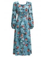 Red Floral Printed Sweetheart Neckline Ruffle Midi Dress in Blue