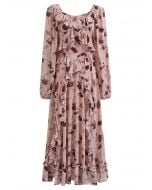 Inky Floral Tiered Ruffle Puff Sleeve Chiffon Maxi Dress in Pink