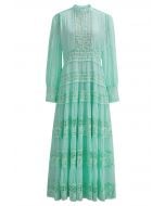 Savvy Elegance Notch Neck Floral Lace Panelled Maxi Dress in Mint