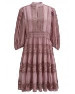 Savvy Elegance Notch Neck Floral Lace Panelled Midi Dress in Dusty Pink