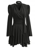 Faux-Wrap Flare Sleeve Asymmetric Chiffon Mini Dress with Sash in Black