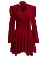 Faux-Wrap Flare Sleeve Asymmetric Chiffon Mini Dress with Sash in Red