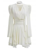 Faux-Wrap Flare Sleeve Asymmetric Chiffon Mini Dress with Sash in Ivory