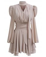 Faux-Wrap Flare Sleeve Asymmetric Chiffon Mini Dress with Sash in Nude Pink