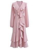 Self-Tie Wrap Tiered Ruffle Midi Dress in Light Pink