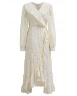 Shimmer Fringe Flock Dot Ruffle Faux-Wrap Dress in Cream