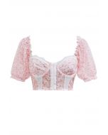 Bubble Sleeve Floret Lace Bustier Crop Top in Pink