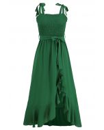 Irregular Ruffle Hem Tie-Strap Midi Dress in Green