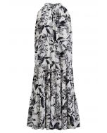 Ink Floral Print Halter Frilling Dress