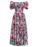 Vibrant Tulip Bubble Sleeves Midi Dress in Pink