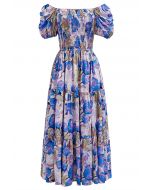 Vibrant Tulip Bubble Sleeves Midi Dress in Blue