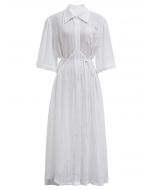 Elbow Sleeve Tie-Waist Buttoned Shirt Dress in White