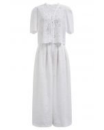 Sunflower Eyelet Embroidered Puff Sleeve Top and Pants Set in White