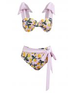 Bowknot Lemon Print Gingham Pattern Bikini Set