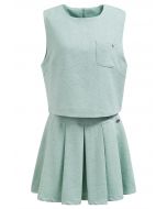 Chic Tweed Sleeveless Top and Pleated Mini Skirt Set in Mint