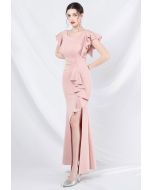 Glamorous Ruffle Trim Slit Mermaid Gown in Pink