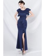 Glamorous Ruffle Trim Slit Mermaid Gown in Navy