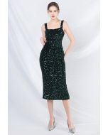 Glitzy Sequin Split Velvet Cami Gown in Dark Green
