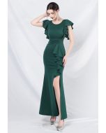 Glamorous Ruffle Trim Slit Mermaid Gown in Dark Green