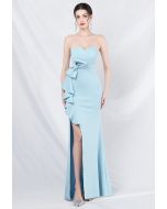 Strapless Bowknot Waist Ruffle Slit Gown in Baby Blue
